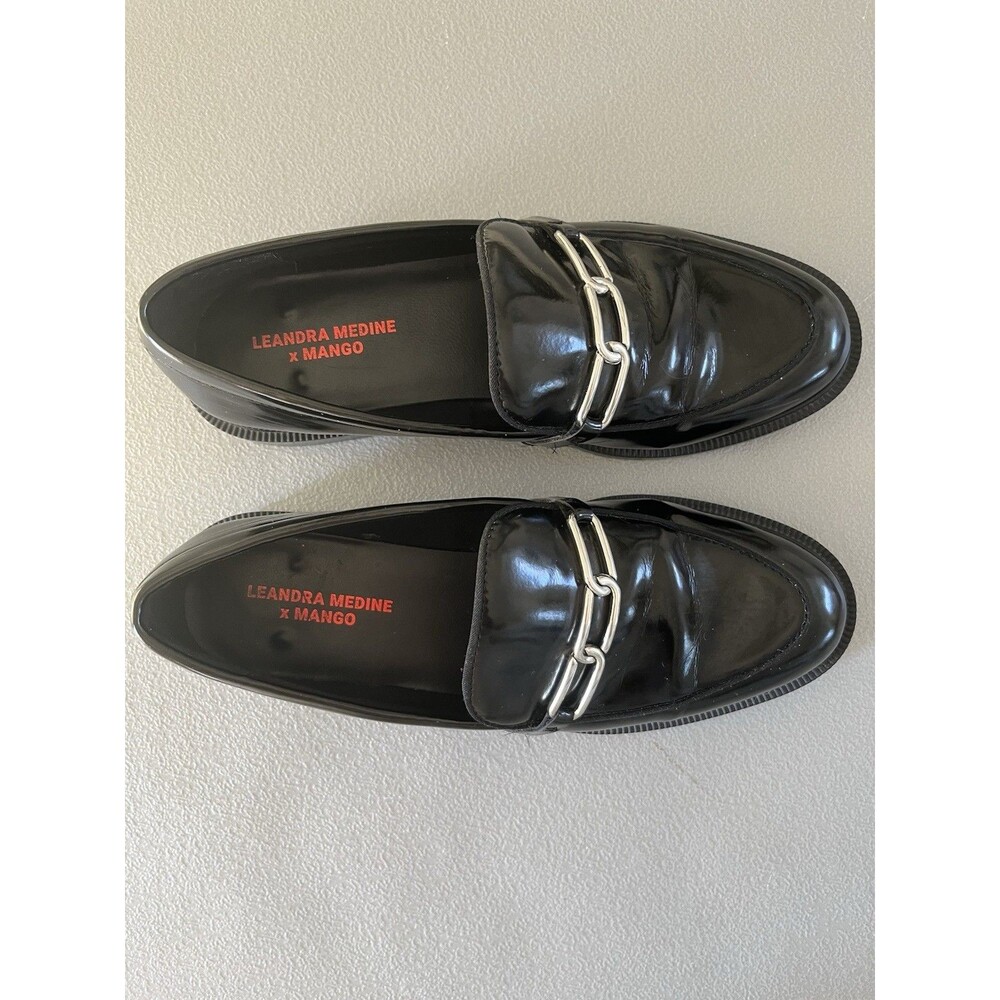 Leandra Medine x Mango Black Patent Leather Link Loafers Womens Sz EU 38 US 7.5